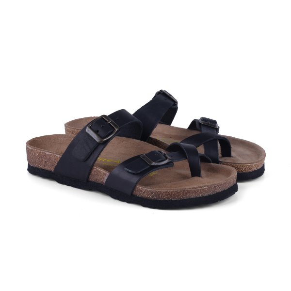 Real Natura 104 Side Siyah Hakiki Deri Kadın Günlük Terlik